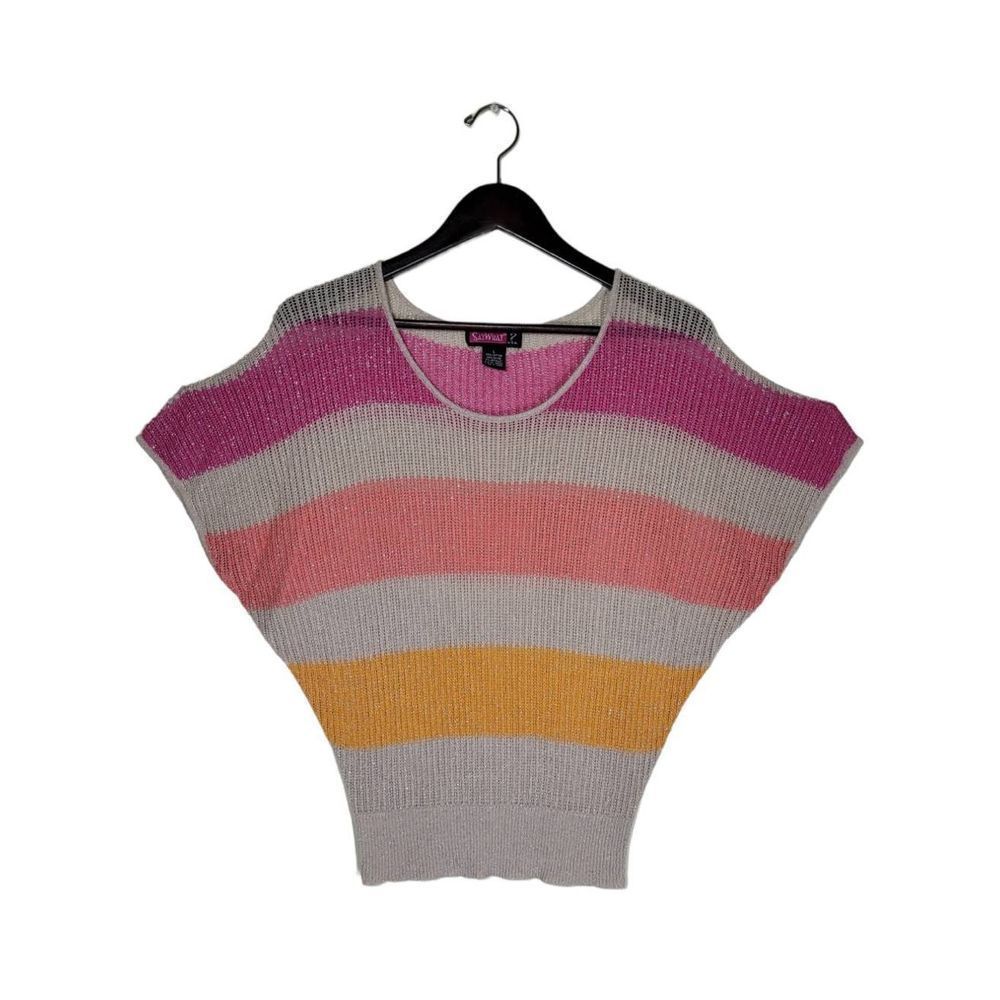 Say What? Women's Short Dolman Sleeves Multicolor Striped Bohemian Top Size L